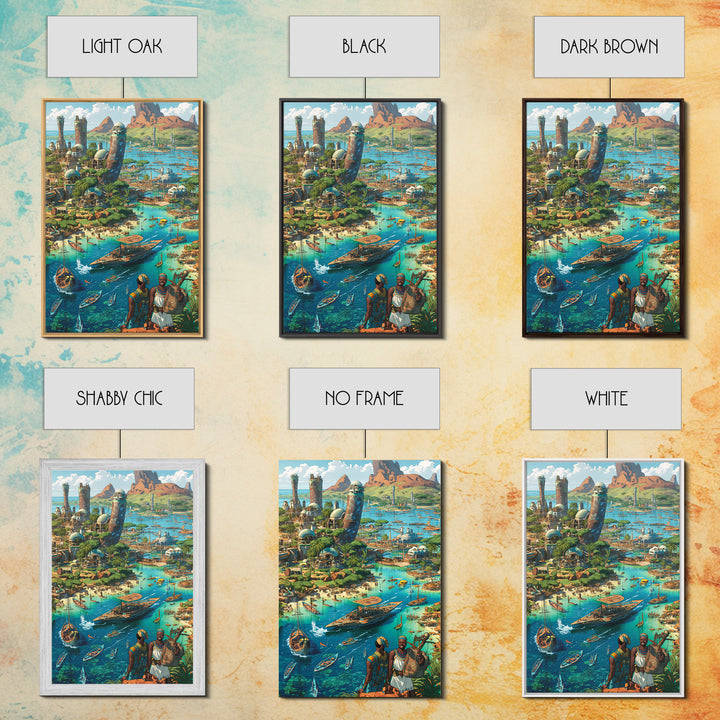 Afrofuturist Coastal African City With Boats Wall Art, African Art Prints, Afrocentric Decor, Vibrant Travel Poster, Living Room Decor