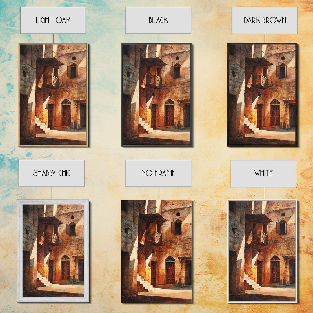 Sunlit African Stone Alley Framed Canvas Print, Moroccan Travel, African Architecture, Cultural Wall Decor, Rustic Home Decor