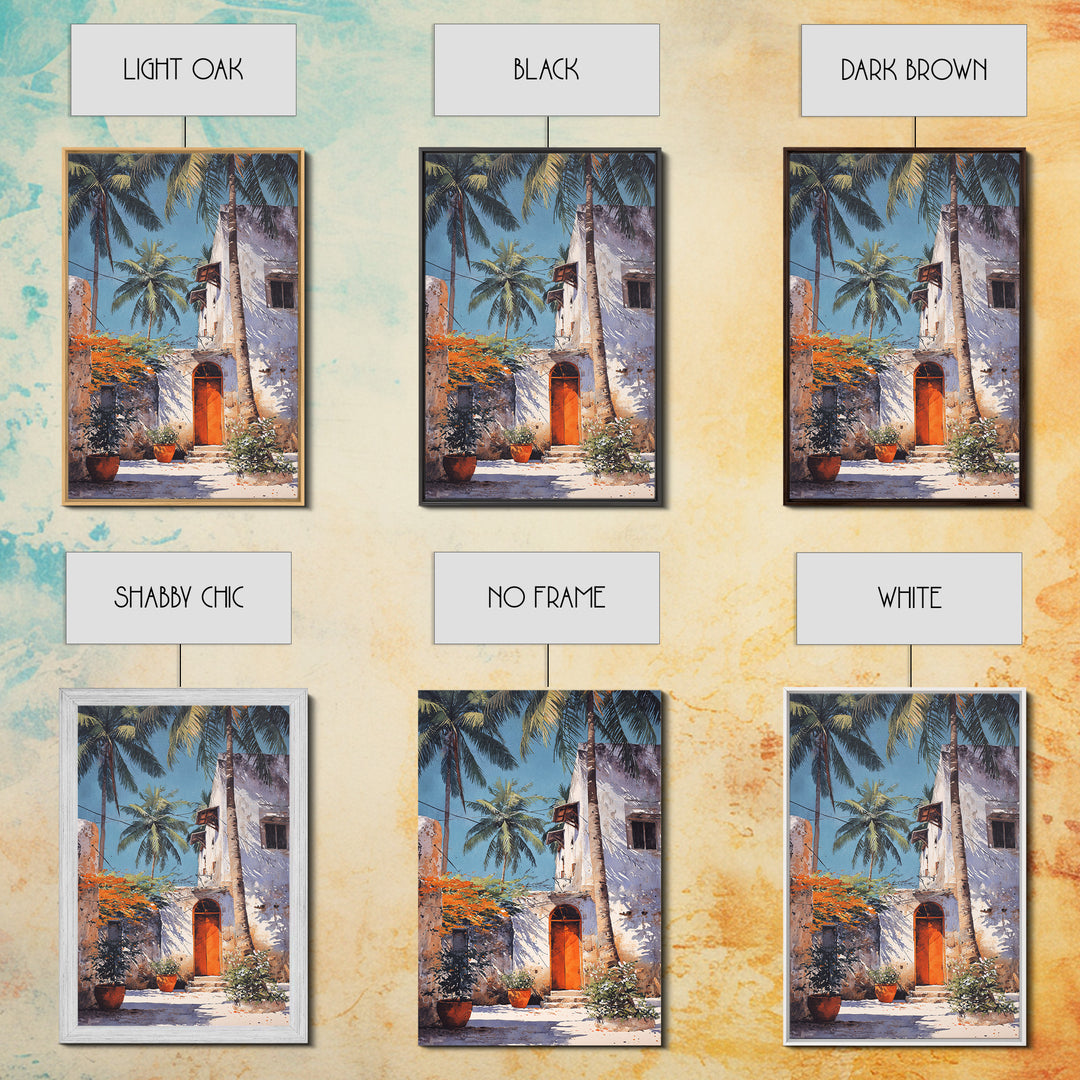 White Coastal African Courtyard Wall Art, Palm Tree Accent, Morocco Africa, Travel Poster, Bohemian Decor Art, Unique Wall Decor