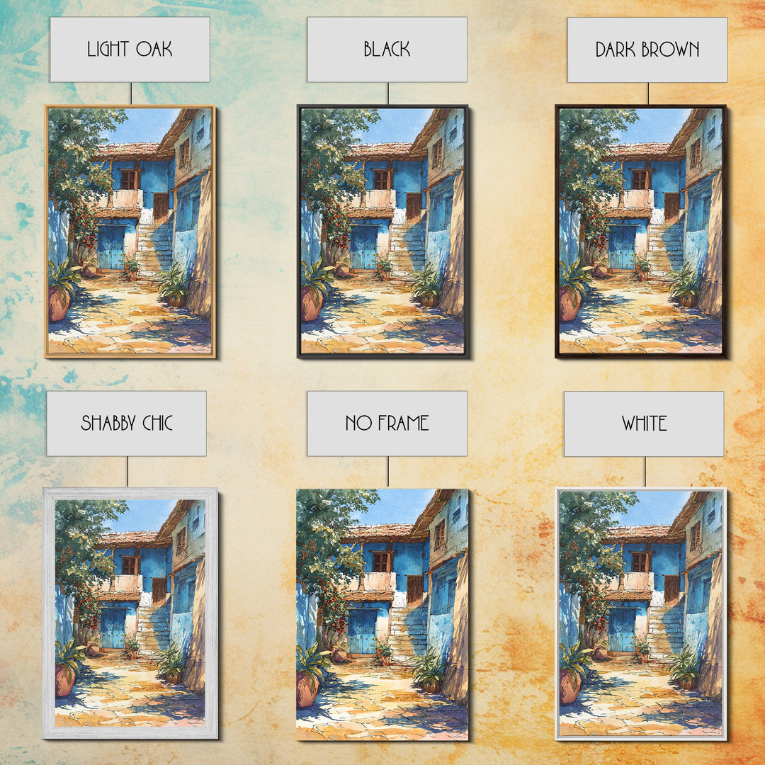 Blue African Village Courtyard Wall Art, Rustic Architecture, Africa Wall Decor, Travel Poster, Boho Home Decor, Unique Canvas