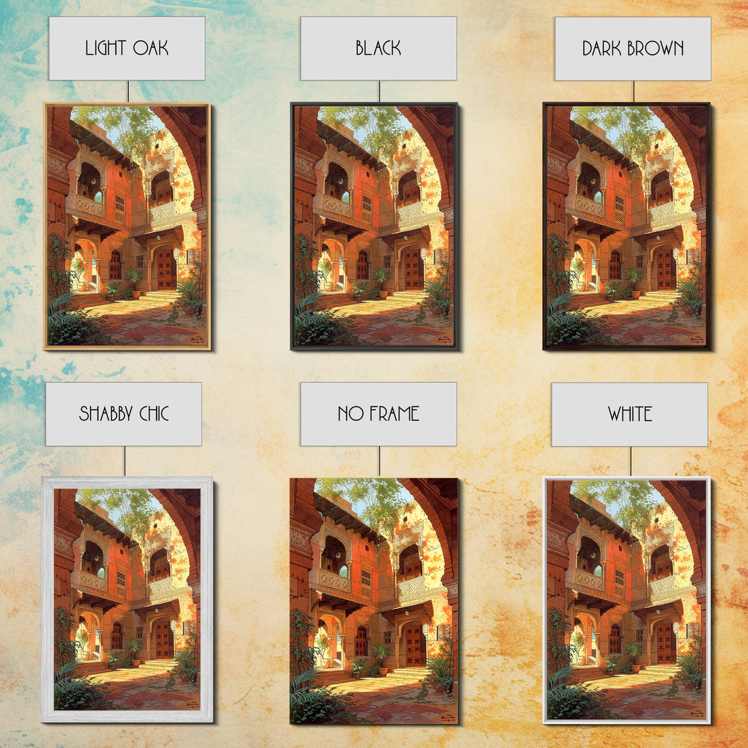 Sunlit Moroccan Courtyard With Arches Wall Art, African Inspired Home Decor, Terracotta Travel Poster, Boho Living Room Print