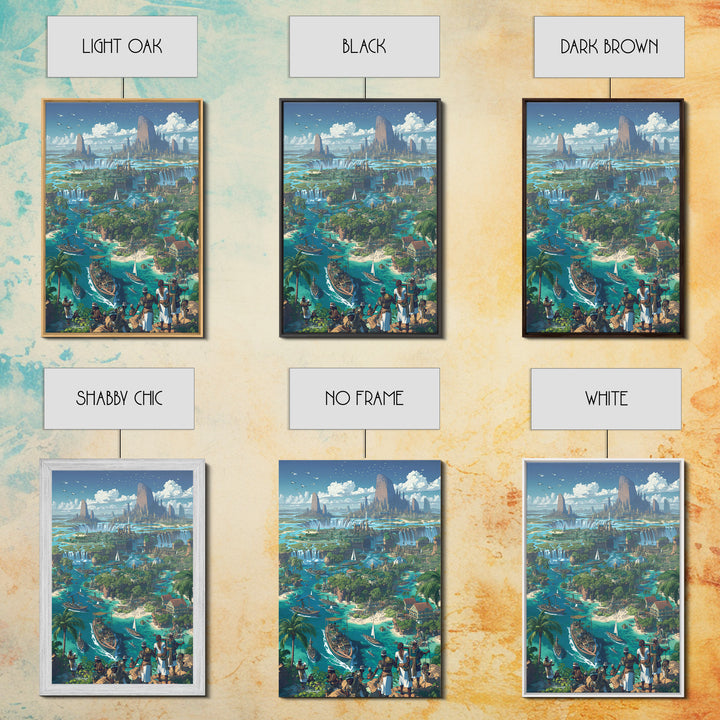 Afrofuturist Coastal Kingdom Wall Art, African Landscape Fantasy City, Blue Travel Poster, Modern Canvas Decor For Living Room