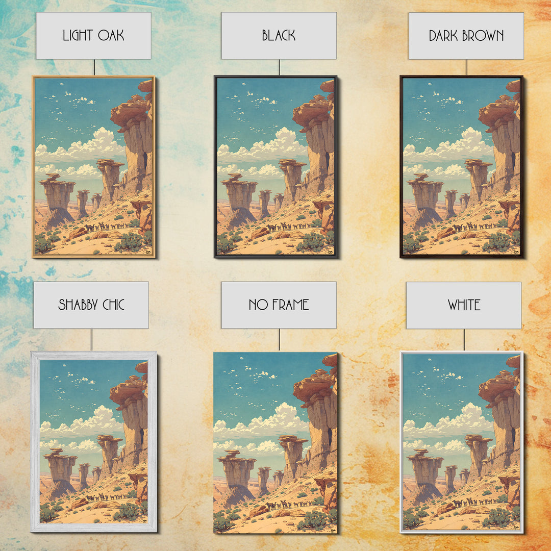 Desert Caravan Rock Pillars Wall Art, African Landscape Travel Poster, Sahara Nature Scene, Warm Boho Home Decor Gift Print