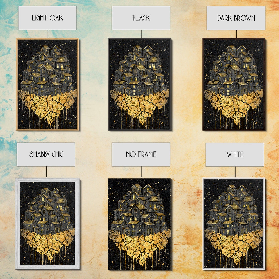 Golden Village On Africa Wall Art, Black Night Houses Canvas Print, Afrocentric Landscape Decor, Unique Motherland Artwork