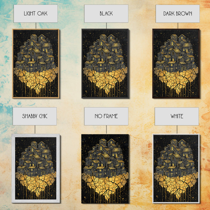 Golden Village On Africa Wall Art, Black Night Houses Canvas Print, Afrocentric Landscape Decor, Unique Motherland Artwork
