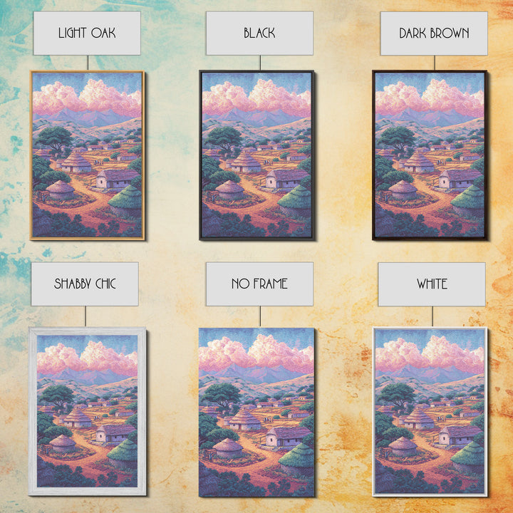 Colorful African Village Huts Beneath Pink Clouds Canvas Print, Mountain Landscape, Cultural Home Decor, Motherland Wall Art