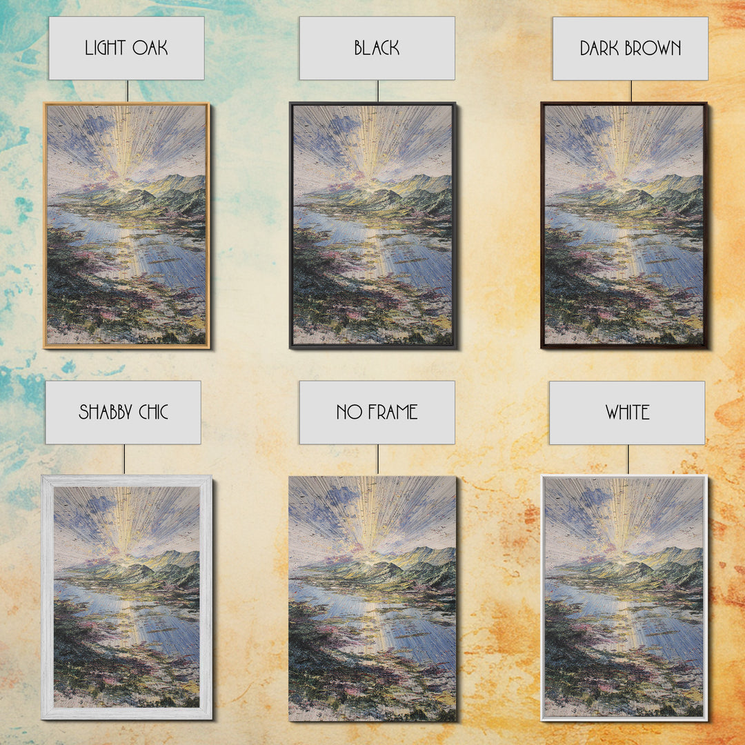 Radiant Sunrise Over African Lake And Mountains Framed Canvas Print, Abstract Landscape Wall Art, Dreamy Nature Home Decor
