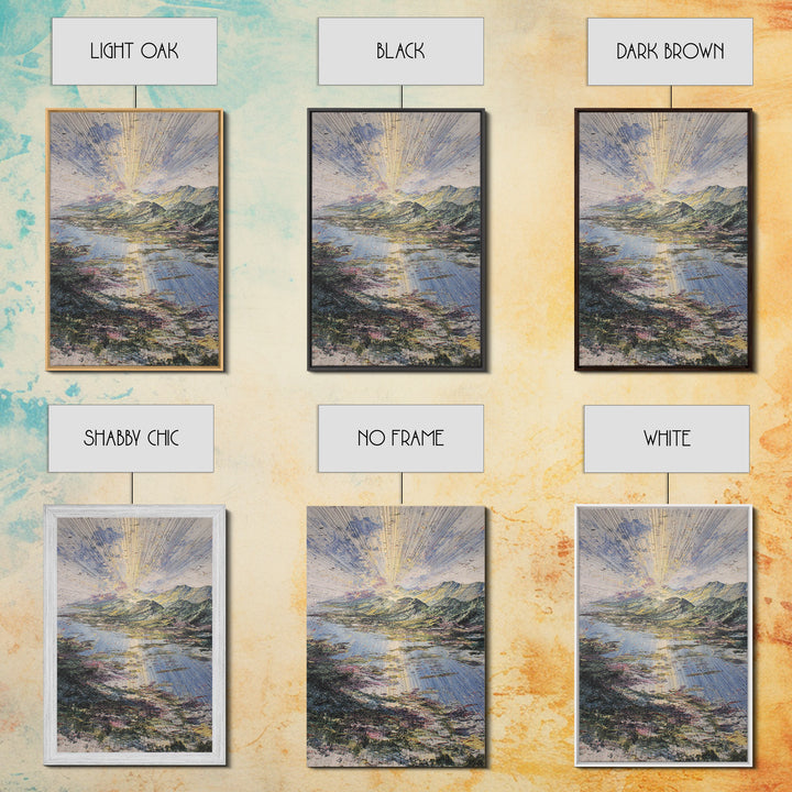 Radiant Sunrise Over African Lake And Mountains Framed Canvas Print, Abstract Landscape Wall Art, Dreamy Nature Home Decor