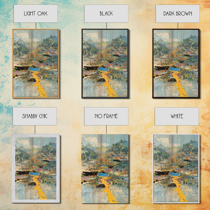 Abstract Riverside City With Golden Path Wall Art, Modern African Inspired Landscape Canvas Print, Colorful Home Decor Gift