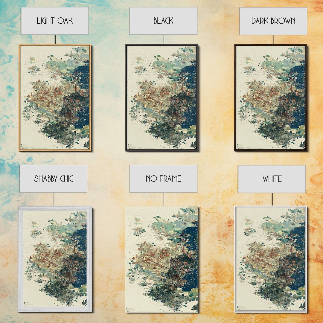 Abstract Coastal City Map In Teal And Indigo Canvas Print, Modern African Inspired Wall Art, Geometric Urban Home Decor Gift