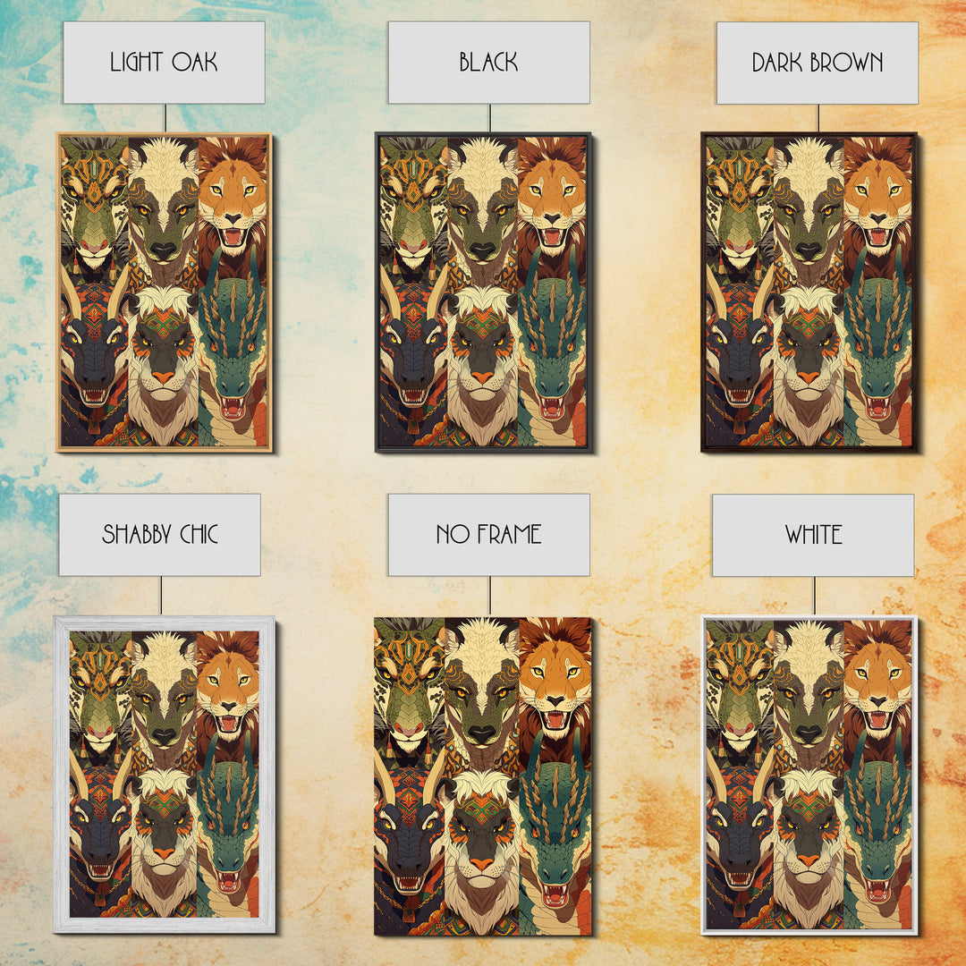 Six Tribal Safari Animal Totems Canvas Print, African Inspired Wall Decor, Lion Elephant Giraffe Dragon, Bold Home Decor