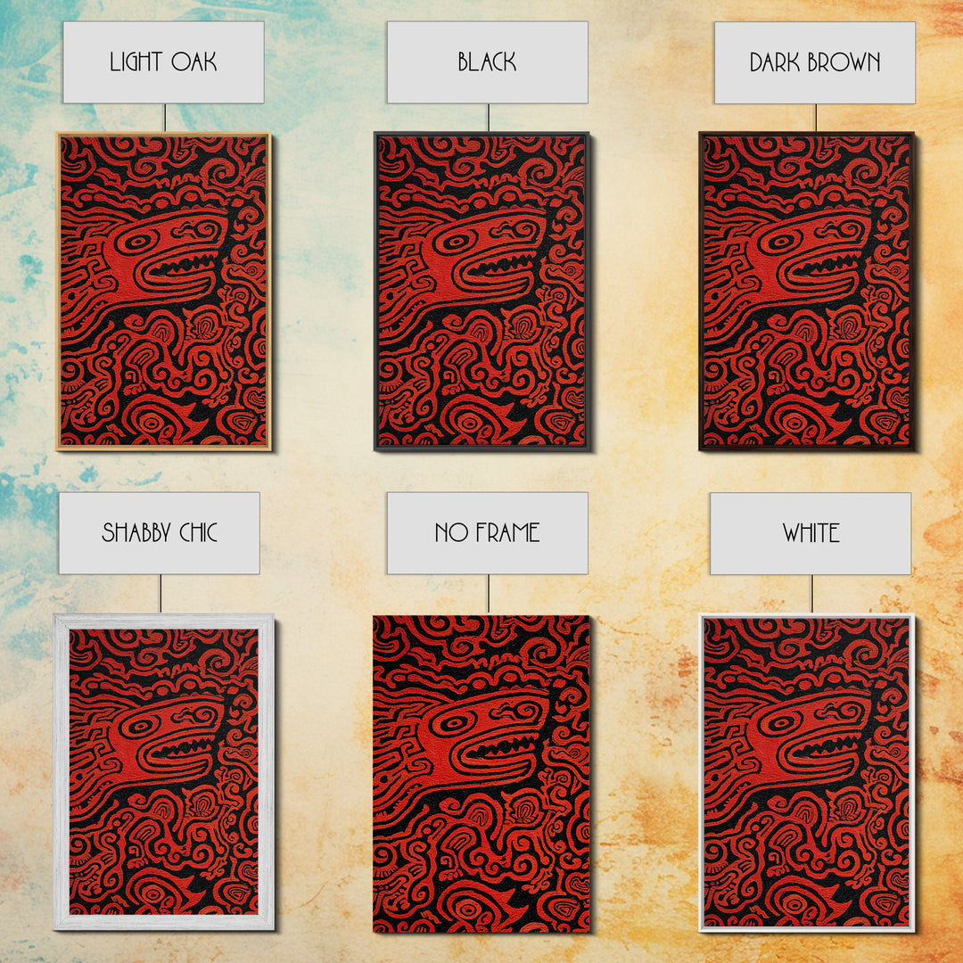 Red Tribal Lizard Pattern Wall Art, African Abstract Textile Art, Bold Ethnic Decor, Modern Black And Red Canvas Design Gift