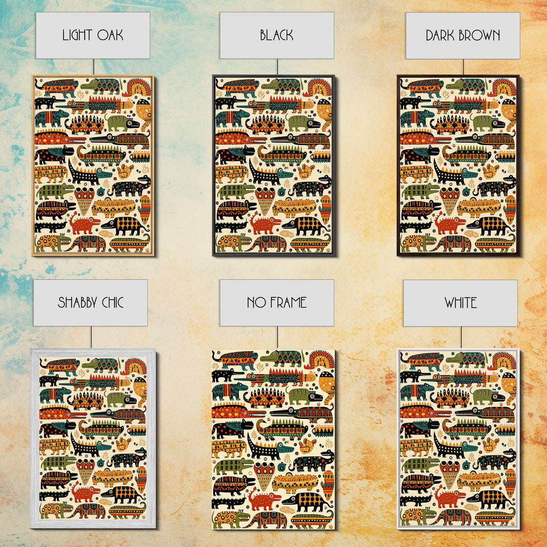 Whimsical Crocodile Pattern Canvas Print, Colorful African Animal Art, Kids Room Wall Decor, Tribal Safari Nursery Art Gift