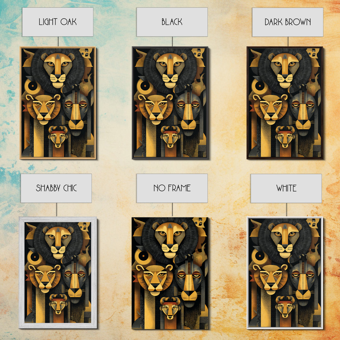 Black And Gold Lion Family Wall Art, Modern African Safari Art, Geometric Animal Portrait, Luxury Canvas Living Room Decor