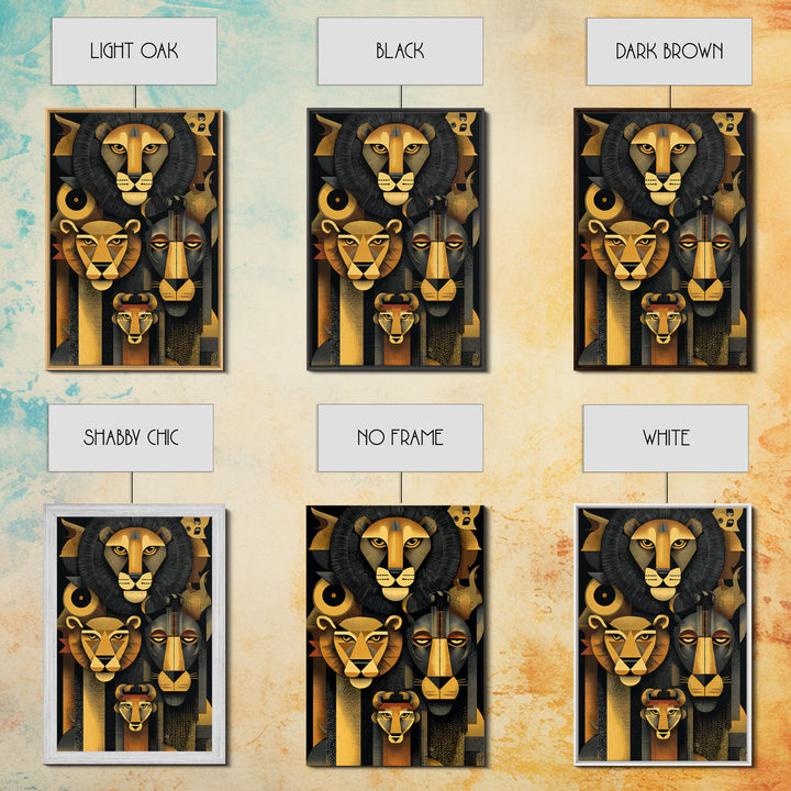 Black And Gold Lion Family Wall Art, Modern African Safari Art, Geometric Animal Portrait, Luxury Canvas Living Room Decor