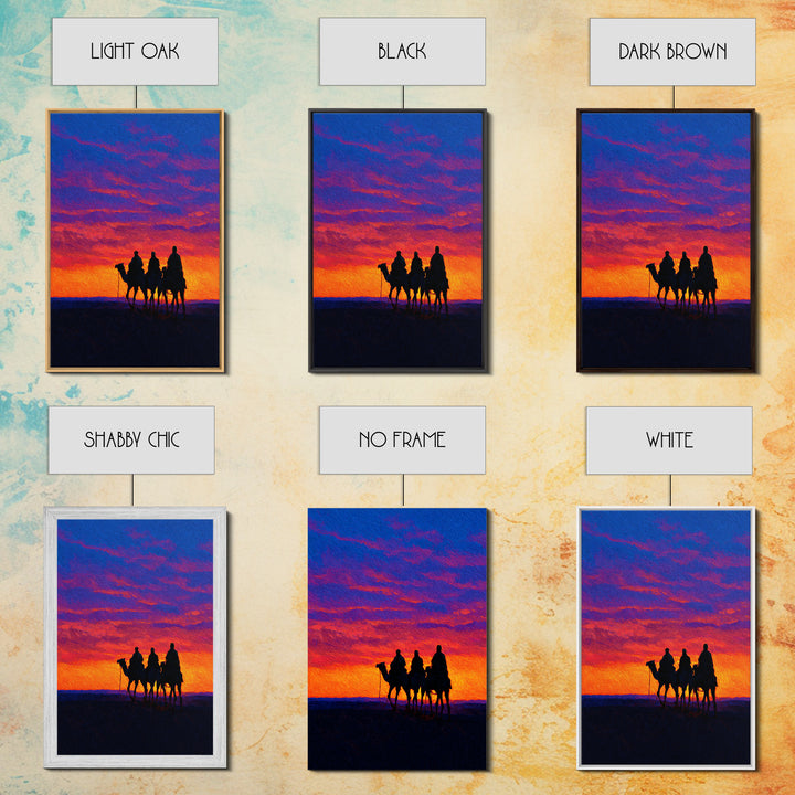 Camel Caravan At Sunset Wall Art, African Landscape Print, Desert Travel Decor, Boho Safari Canvas For Living Room Art Gift