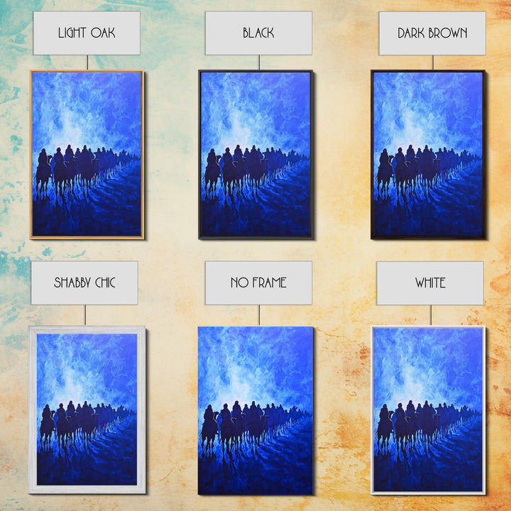 Blue Desert Horse Caravan Canvas Print, African Landscape Art, Sahara Travel Wall Decor, Dreamy Blue Painting For Living Room
