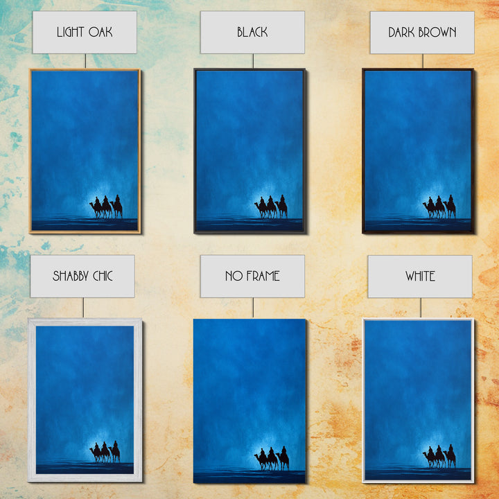 Three Blue Camel Riders Wall Art, African Safari Art Print, Serene Desert Landscape, Modern Canvas Decor For Living Room