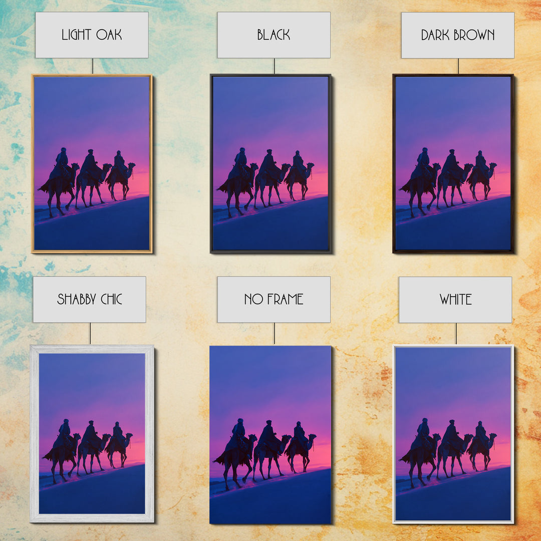 Purple Sunset Camel Riders Canvas Print, African Safari Wall Art, Boho Desert Landscape Decor, Dreamy Bedroom Gift For Her