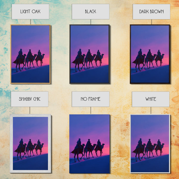 Purple Sunset Camel Riders Canvas Print, African Safari Wall Art, Boho Desert Landscape Decor, Dreamy Bedroom Gift For Her