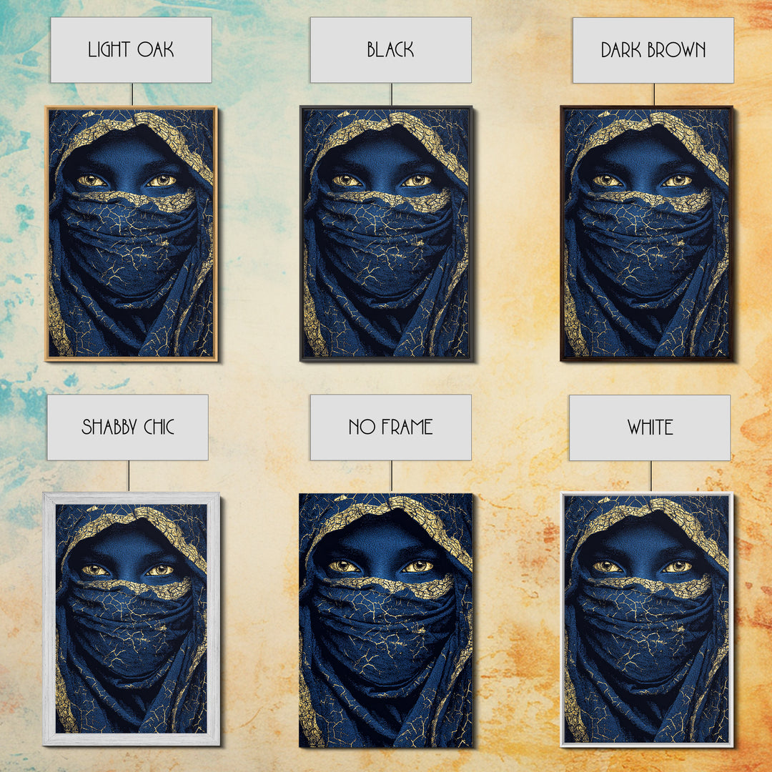 Gold Cracked Indigo Veiled Woman Framed Canvas Print, African Woman Art, Black Goddess Art, Luxury Afrocentric Wall Decor