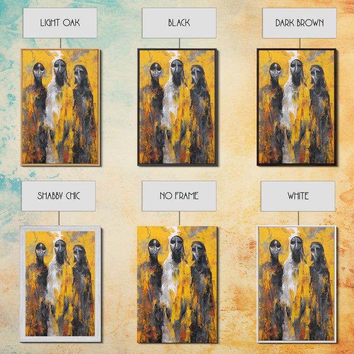 Three Abstract Masked Figures On Yellow Ground, Canvas Print, African Mask Art, Modern Tribal Wall Decor, Bold Portrait Art