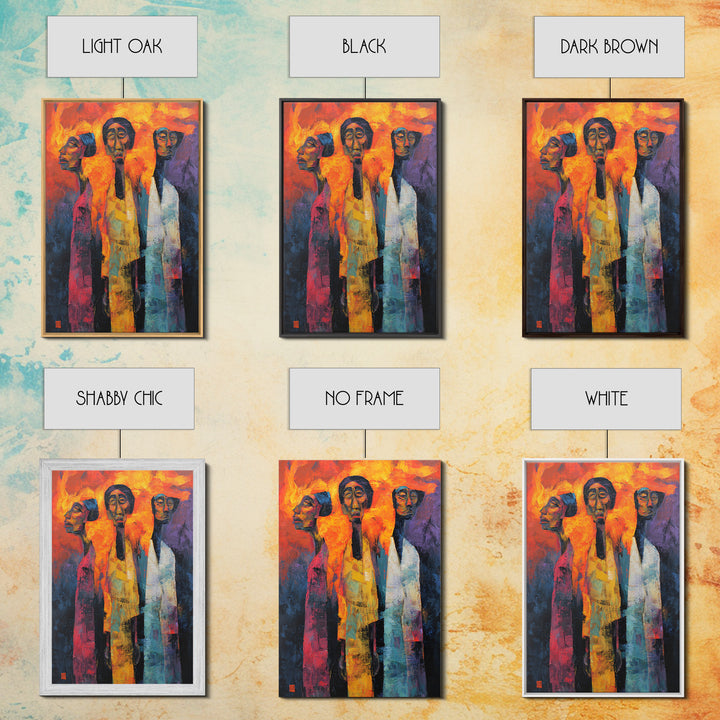 Fiery Three African Figures With Long Faces, Framed Canvas Print, Modern African Art, Black Culture Decor, Statement Wall Art