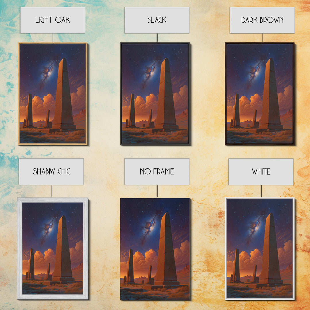 Ancient Desert Obelisks Under Stars Canvas Print, African Egyptian Art, Mystical Landscape Wall Decor, Stargazer Art Gift