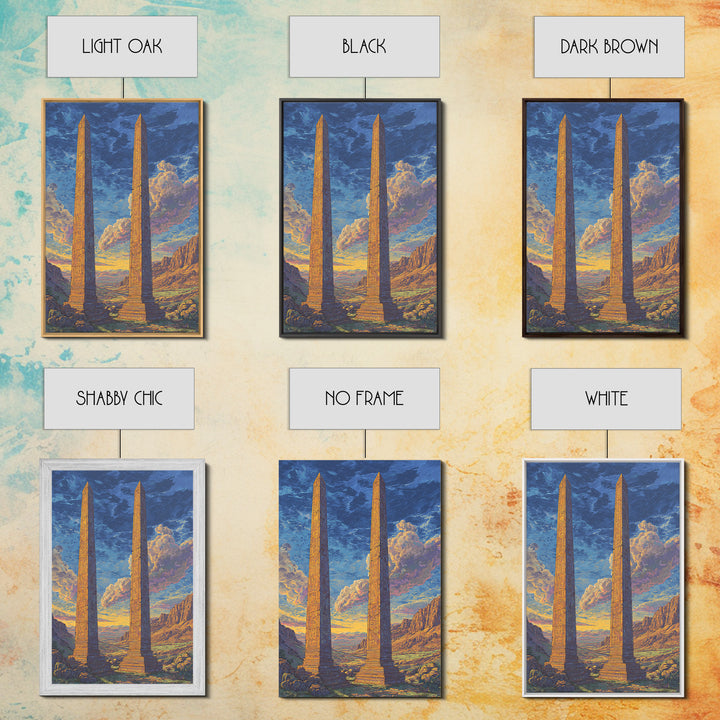 Twin Ancient Obelisks At Sunset Framed Canvas Print, African Egyptian Art, Historic Monument Landscape Wall Decor Gift For Home