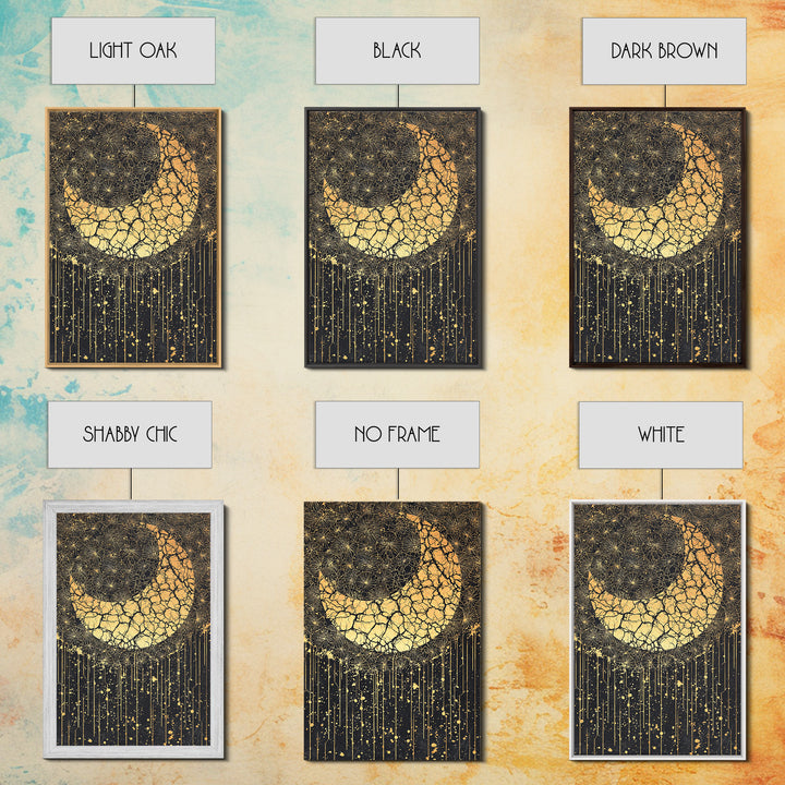 Cracked Gold Crescent Horn Abstract Wall Art, African Inspired Pattern Decor, Black And Gold Canvas Print For Boho Home Decor