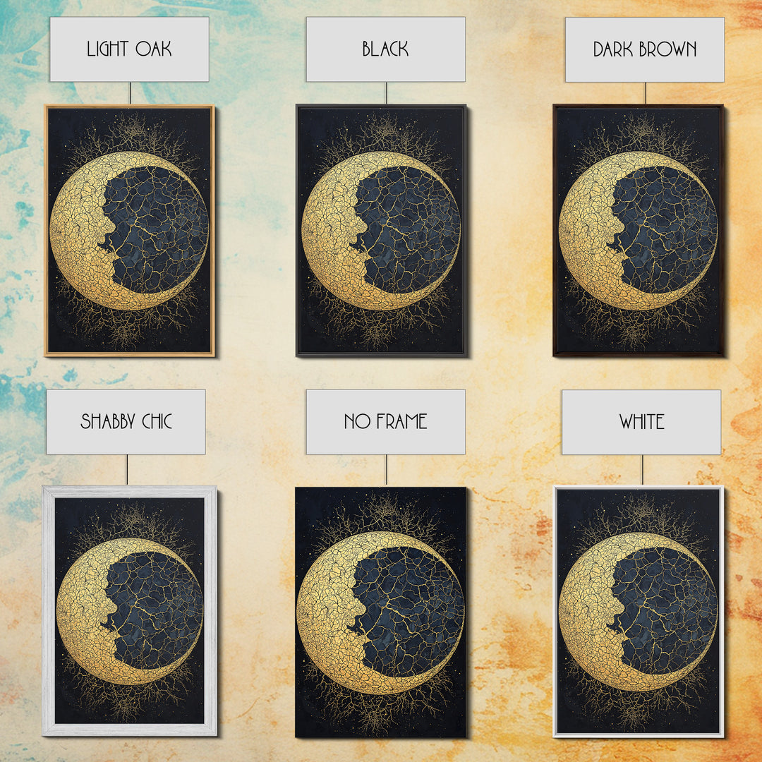 Cracked Gold Crescent Moon Wall Art, Mystical African Inspired Celestial Canvas Print, Black And Gold Spiritual Home Decor
