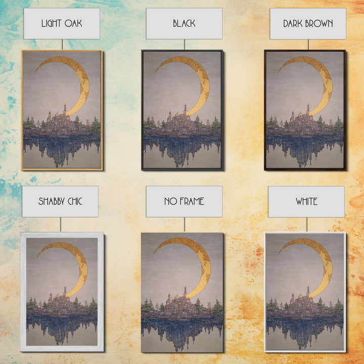 Golden Crescent Moon Over Floating City Wall Art, Dreamy Urban Landscape Canvas Print, Mystical Blue Beige Home Decor For Living Room
