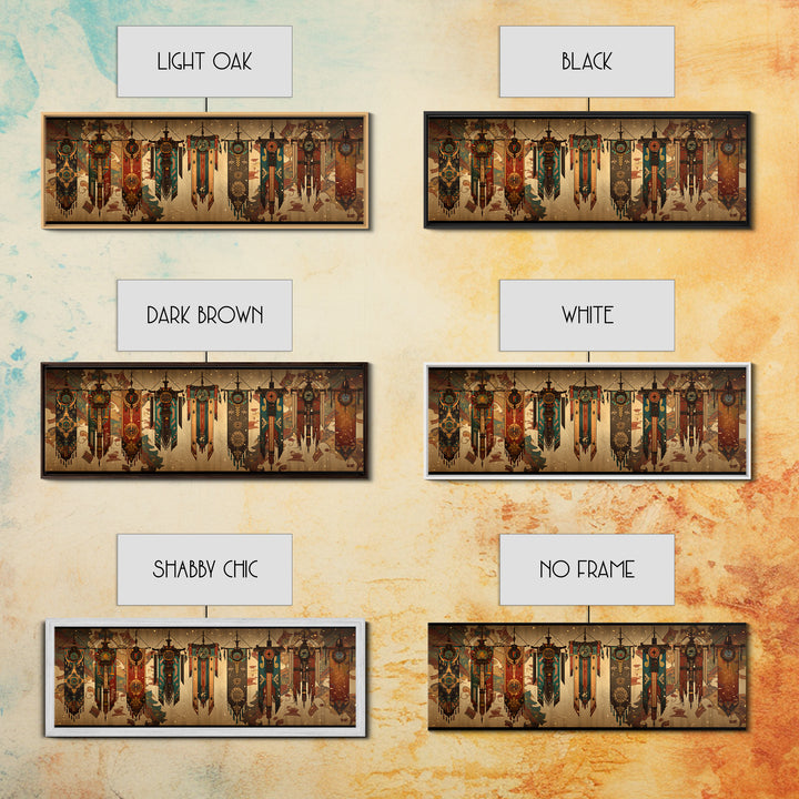 African Tribal Hanging Banners With Symbols Framed Canvas Print, Ethnic Wall Decor, Boho Patterns, Cultural Home Decor For Living Room