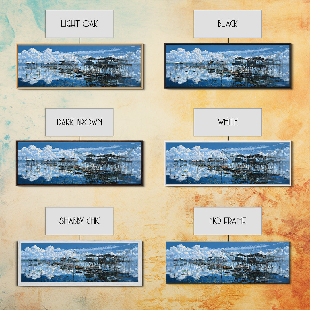 Blue Stilt Fishing Village Panorama Wall Art, Coastal Canvas Print, Bright Seascape Decor, Large Nautical Living Room Art
