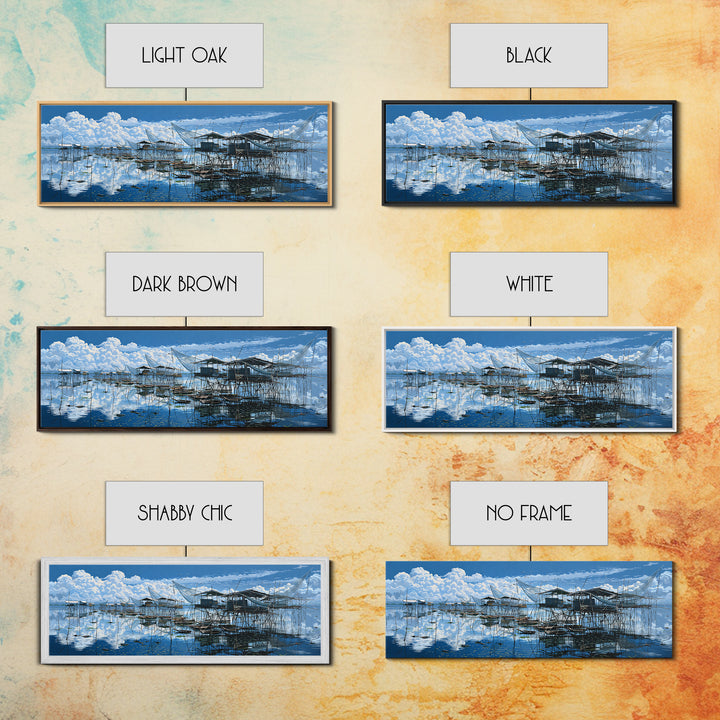 Blue Stilt Fishing Village Panorama Wall Art, Coastal Canvas Print, Bright Seascape Decor, Large Nautical Living Room Art