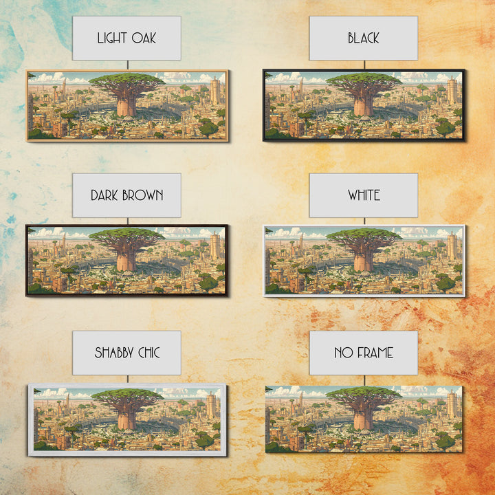Giant Baobab Futuristic African City Wall Art, Panoramic Afrocentric Landscape Print, Modern Safari Decor Gift, Living Room Decor