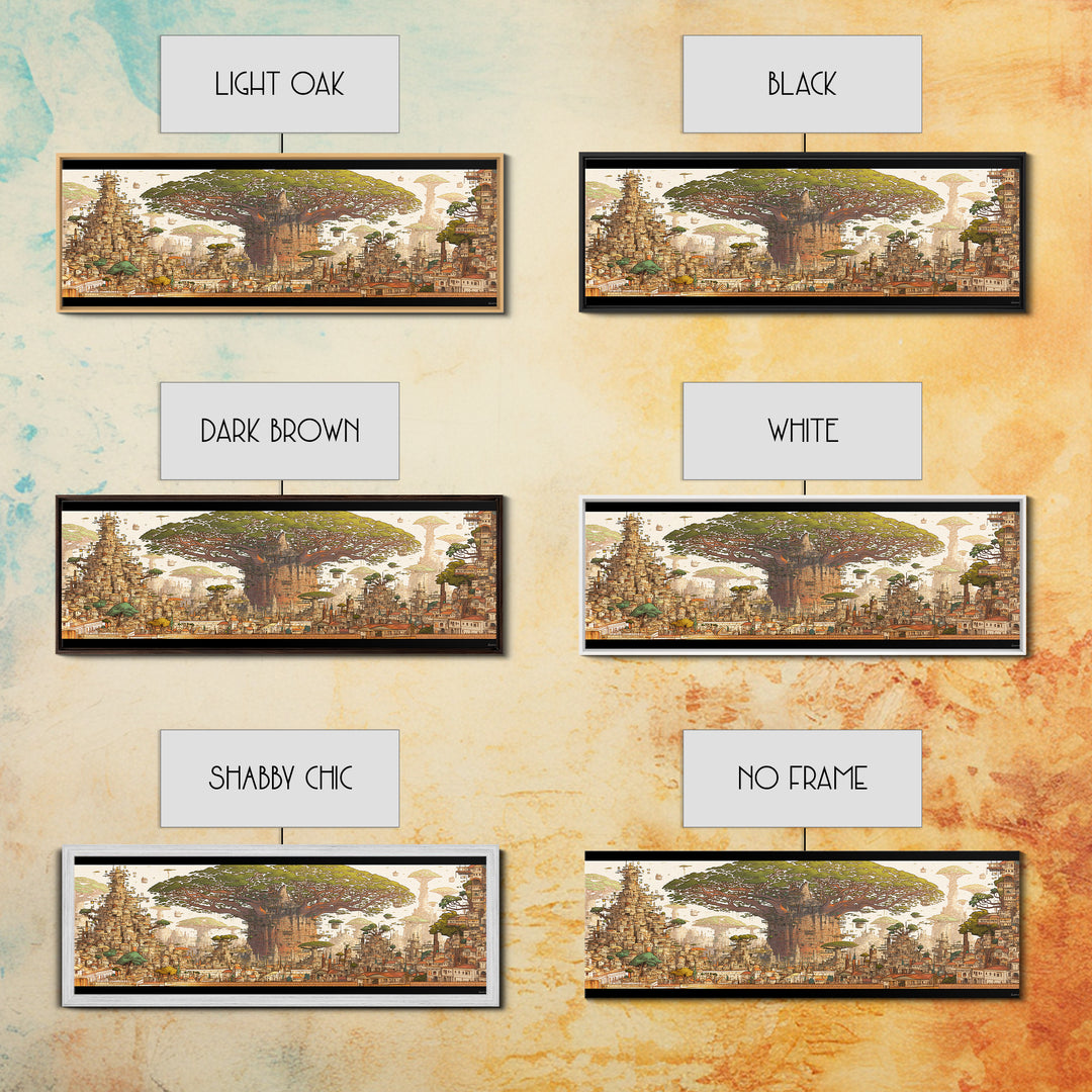 Ancient Baobab Rising Through African City Wall Art, Sepia Fantasy Landscape, Cultural Home Decor, Panoramic Print, Gallery Wall Decor