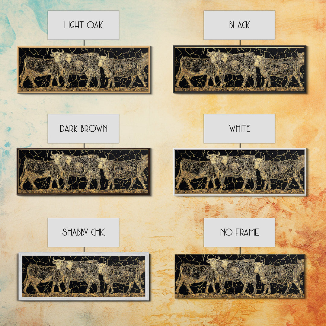 Gold Engraved African Cattle Herd Canvas Print, Black And Gold Safari Animal Art, Rustic Farmhouse Wall Decor Gift For Him