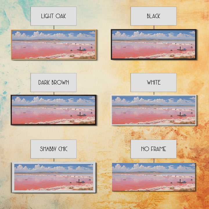 Pink Salt Lake Boats Wall Art, Pastel African Landscape, Coastal Travel Poster, Serene Canvas Decor For Living Room Gift