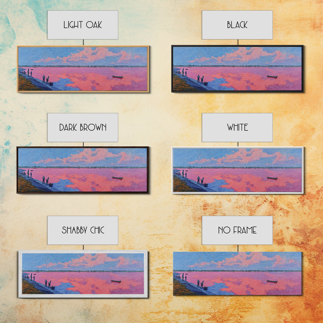 Pastel Pink Lake Sunset Canvas Print, African Landscape With Boat, Dreamy Wall Decor, Modern Coastal Art For Living Room