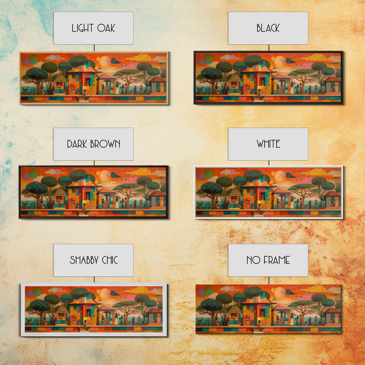 Modern African Village Framed Canvas Print, Sunset Trees And Colorful Homes, Afrocentric Landscape Decor, Cultural Wall Art