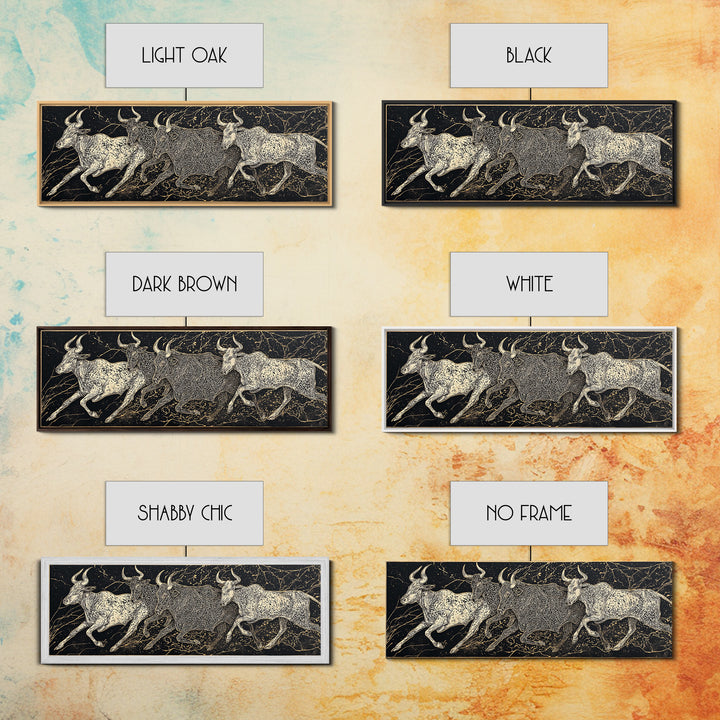 Black And Gold Longhorn Cattle Wall Art, Tribal Animal Print, Rustic Western Decor, Bold Textured Canvas Print For Home Decor