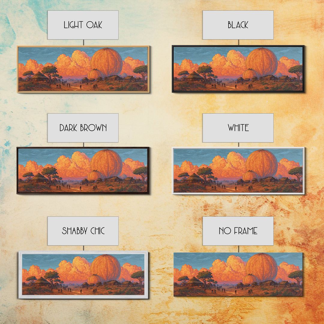 Orange African Savanna Baobab Village Wall Art, Afrocentric Landscape Canvas, Safari Decor, Earth Tone Living Room Print