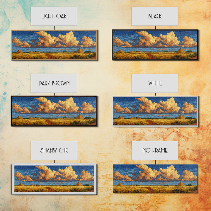 Golden Pyramids Under Textured Clouds Framed Canvas Print, African Egyptian Art, African Landscape, Blue And Gold Canvas, Decor
