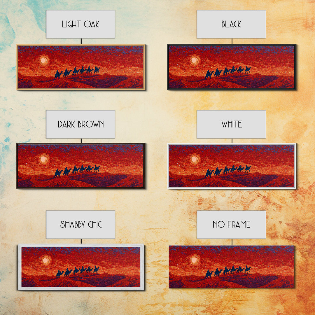 Fiery Sunset Camel Caravan Silhouettes Over Dunes, African Safari Art Canvas Print, Burnt Orange Wall Decor, Travel Gift