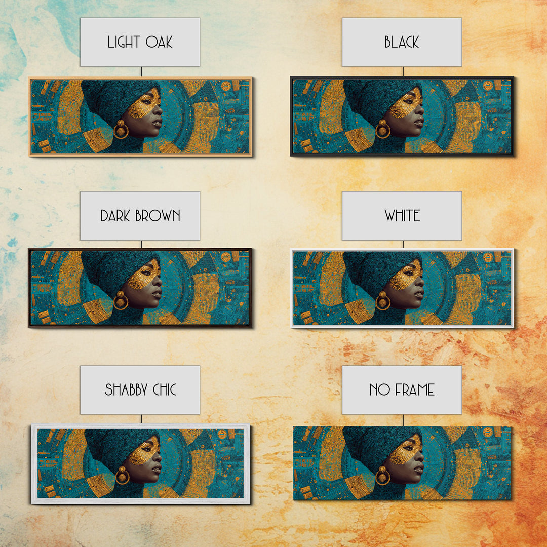 Elegant Black Queen Profile Framed Canvas Print, African Woman Art, Teal Gold Afrocentric Wall Decor, Melanin Portrait Gift