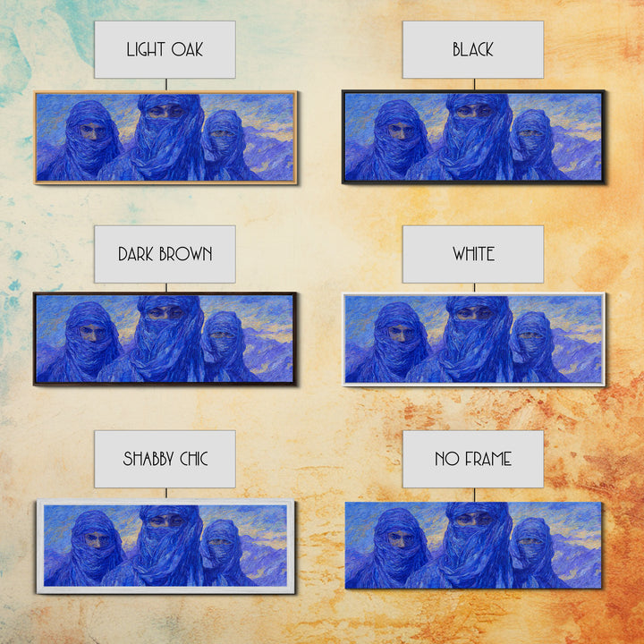 Three Blue Veiled Tuareg Portraits Canvas Print, African Painting Wall Art, Sahara Desert Decor, Modern Cultural Artwork