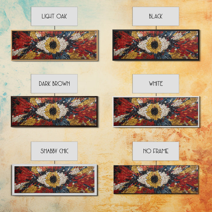Exploding Eye Mosaic In Red Gold And Navy Framed Canvas Print, Abstract African Art, Bold Statement Wall Decor For Living Room