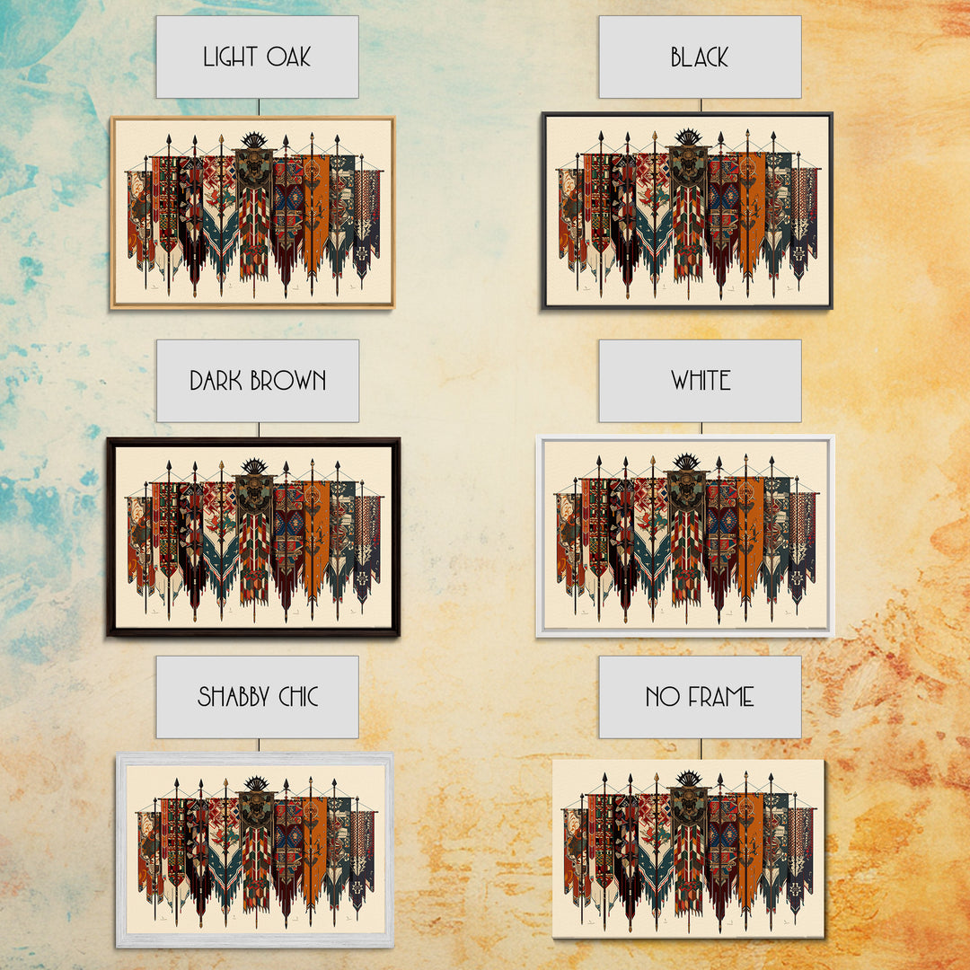 Patterned Tribal War Banners With Spears, African Wall Art, Ankara Decor, Cultural Art Print, Bold Framed Canvas Print, Ethnic Wall Decor