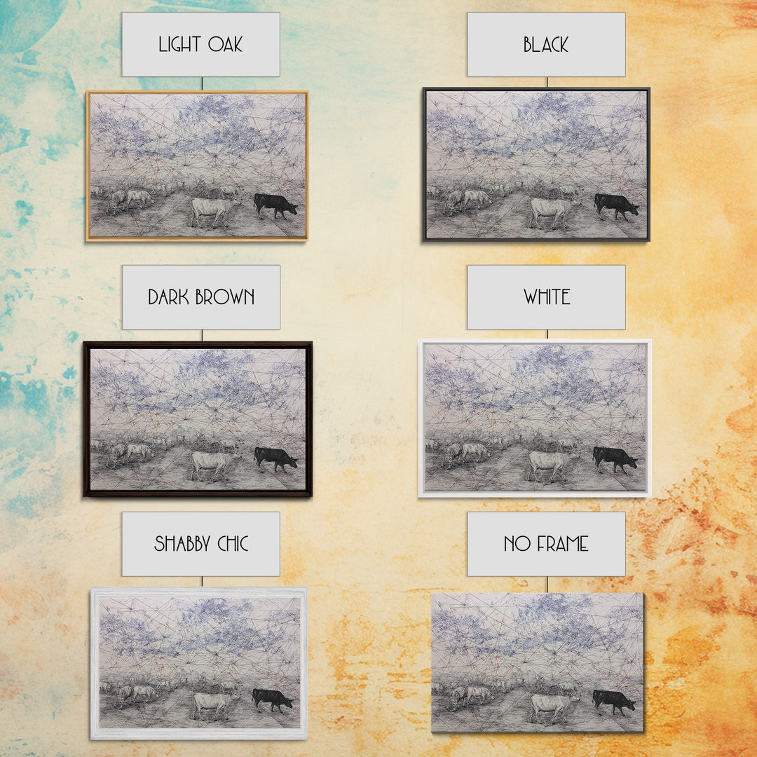 Pastoral Cattle Under Abstract Network Sky Wall Art, African Landscape, Farm Animal Art, Minimalist Office Decor Gift For Him